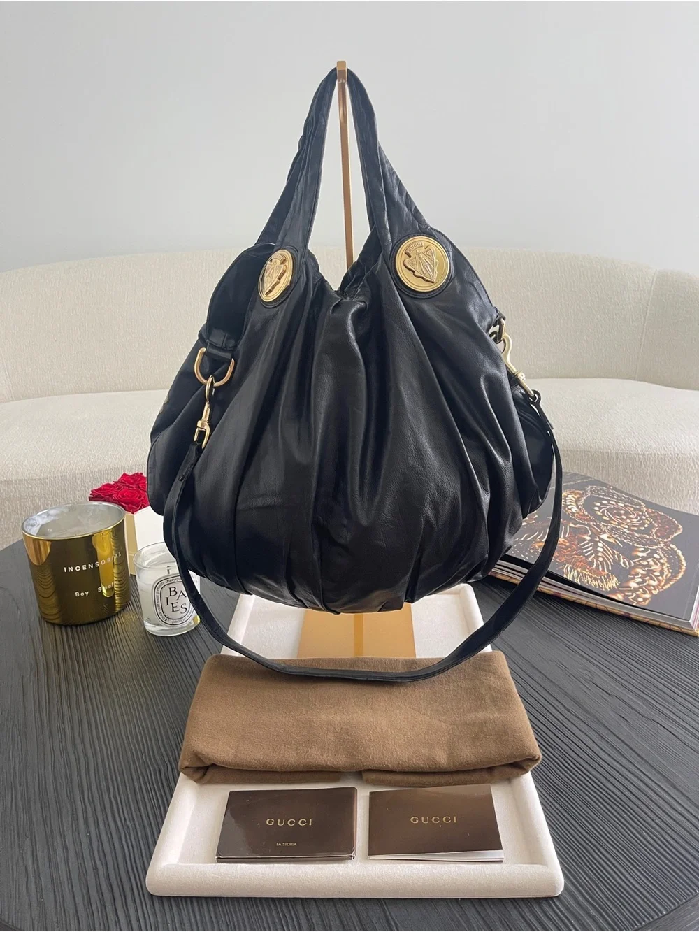 Gucci Hysteria Large Hobo Bag Black Leather Floral Embroidered Vintage $4500